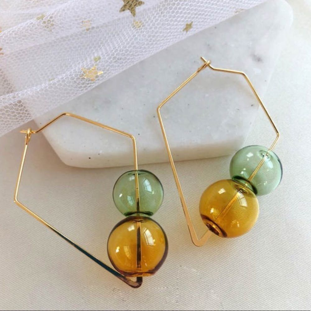 Double Glass Balls Square Hoop Earrings - Picture 5 of 7